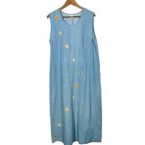 Vintage Chambray EMbroidered Butterfly Dress Modest Ankle - L